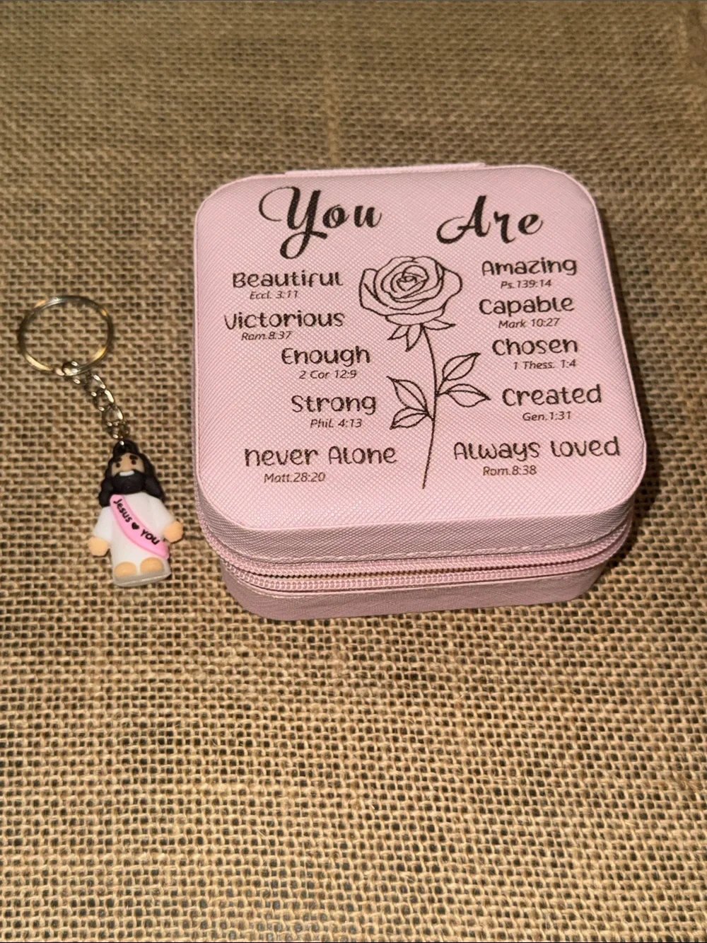 Pink Travel Inspirational Zip Around Jewelry Box with Baby Jesus Keychain